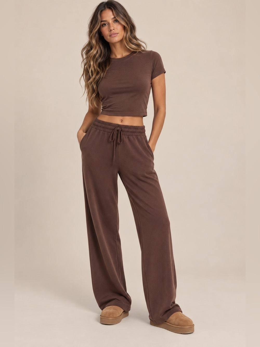 Athleta Minimalist Chic Wide-Leg Drawstring Pants w/Pockets Chocolate Brown Sz S